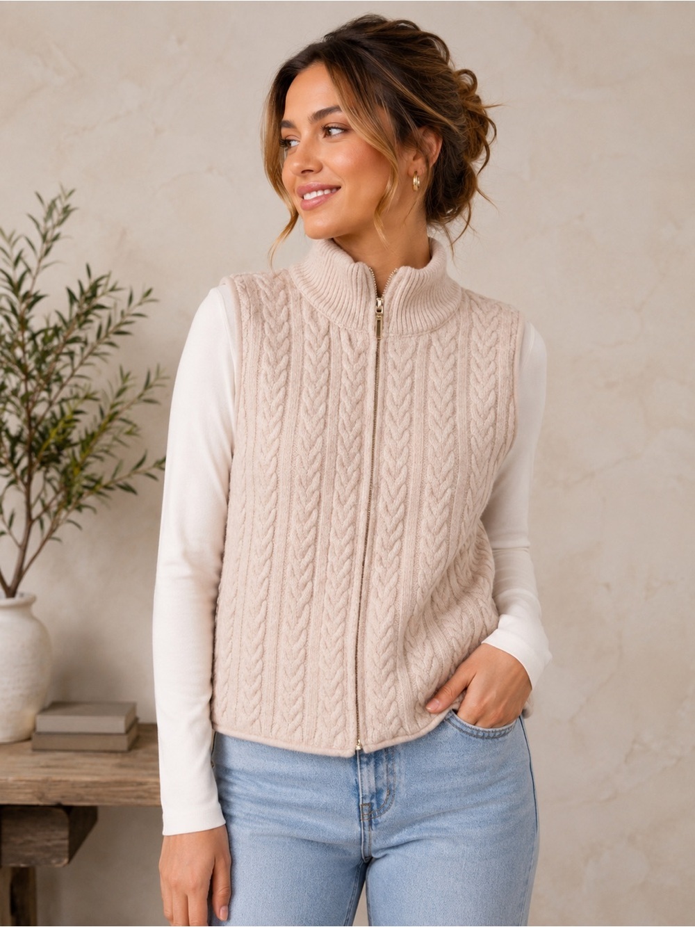 Joie Cable Knit Zip Up Vest Beige Sleeveless Puffer Lined Size S